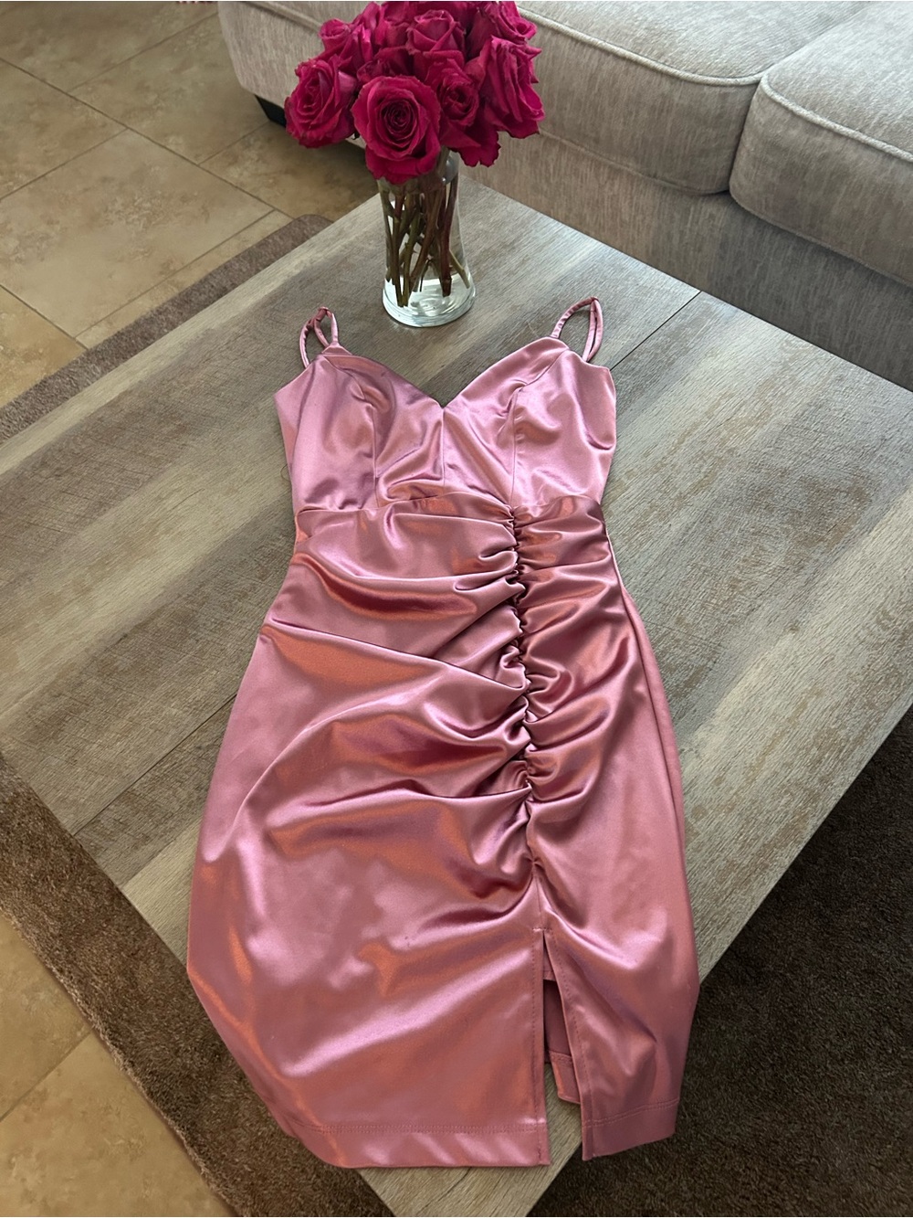 Honey and Rosie Satin Ruched Pink Cocktail Dress